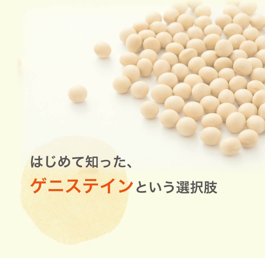 大豆由来成分ゲニステインの原料イメージ（大豆）と特長の解説