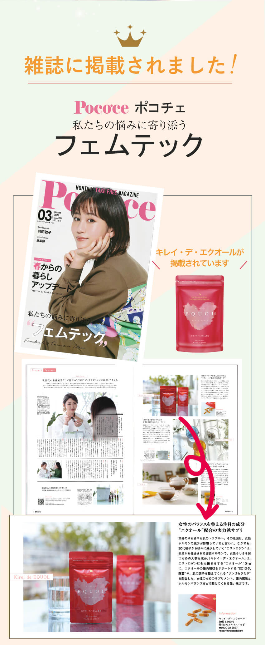 キレイ・デ・エクオールが女性誌Pococeのフェムテック特集に掲載。S-エクオール10mg配合で注目を集める、ゆらぎ世代向けの高支持サプリメント。3冠達成・ランキング1位の実績あり。