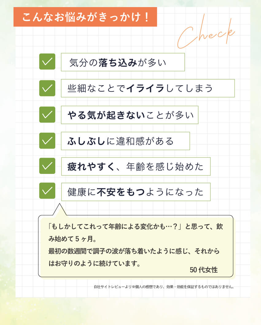気分の落ち込み、イライラ、やる気の低下、関節の違和感、疲れやすさ、健康不安など、年齢とともに感じやすくなる心身の変化をきっかけにサプリを始めた50代女性の声とチェックリスト。