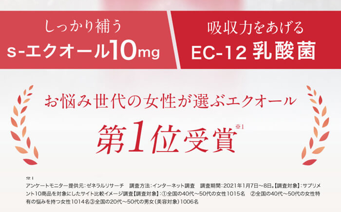 S-エクオール10mg・EC-12乳酸菌配合。お悩み女性が選ぶエクオールNo.1