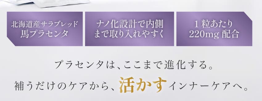 北海道産サラブレッド馬プラセンタ ナノ化設計で内側まで取り入れやすく 1粒あたり220mg配合 プラセンタは、ここまで進化する。補うだけのケアから、活かすインナーケアへ。