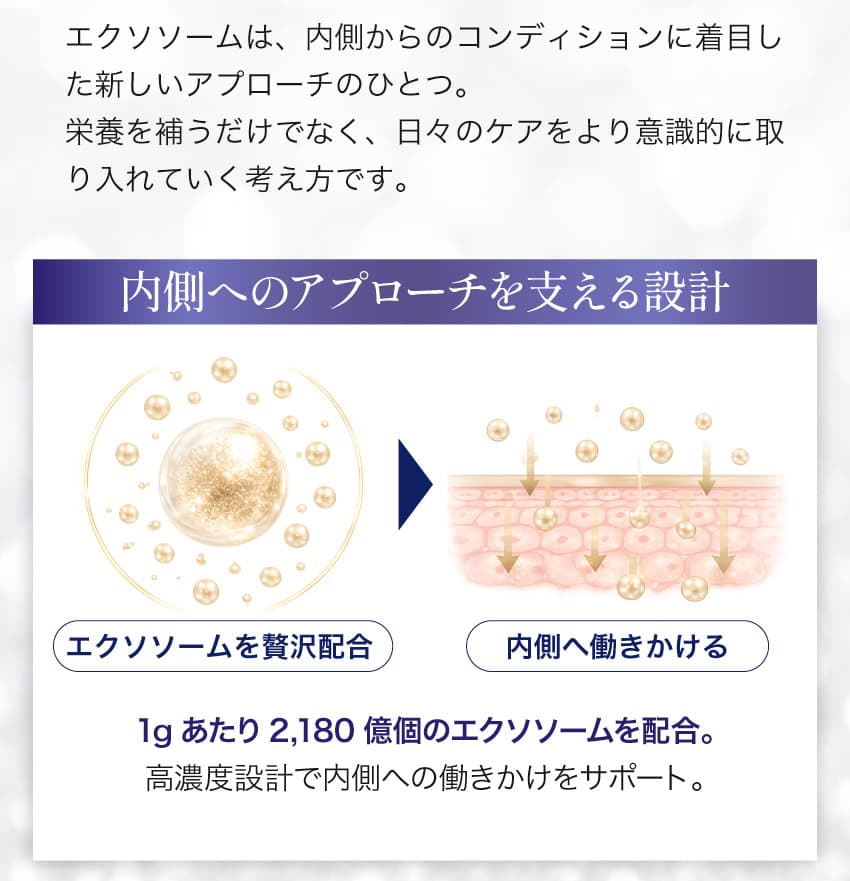 エクソソームは、内側からのコンディションに着目した新しいアプローチのひとつ。内側へのアプローチを支える設計 エクソソームを贅沢配合→内側へ働きかける 1gあたり2,180億個のエクソソームを配合。