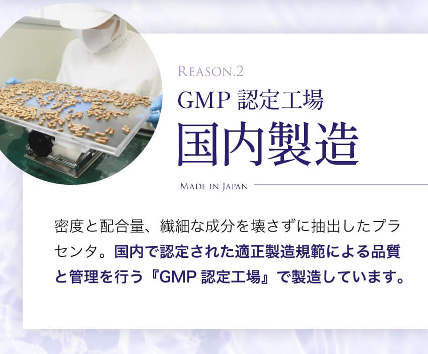 Reason.2 GMP認定工場 国内製造 Made in Japan GMP認定工場で製造しています。