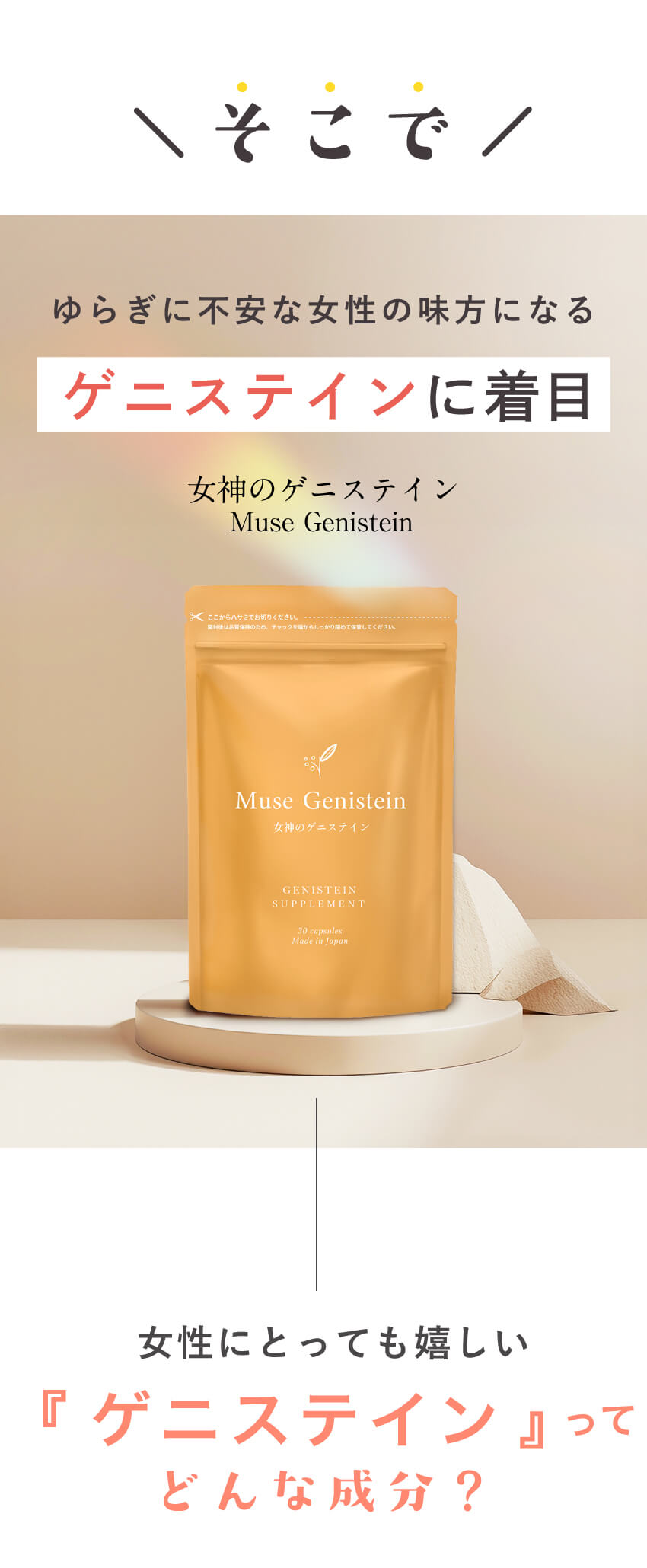 そこでと同じ働きをするゲニステインに着目。 ゲニステイン 大豆イソフラボン サプリ  更年期